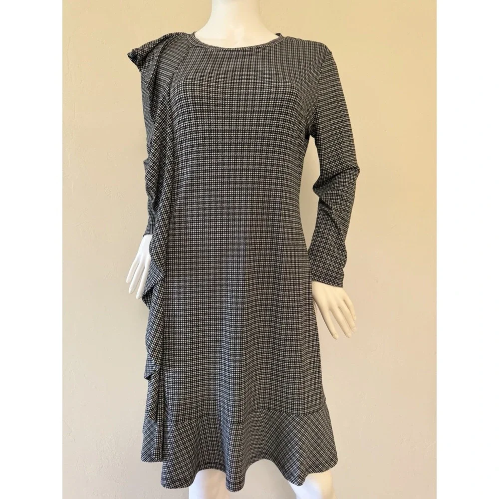Michael Kors Houndstooth Ruffle Knit A-Line Dress Black White Long‎ Sleeve L